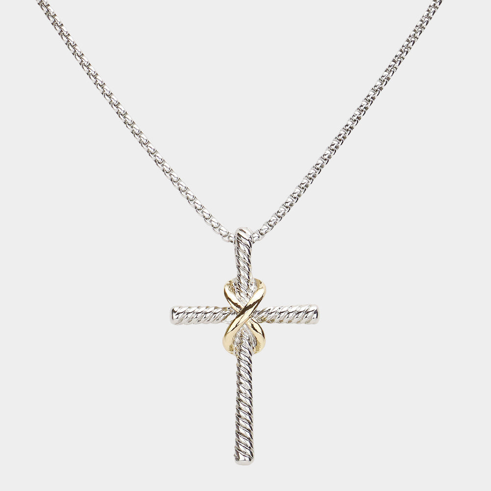 Madeline Love Two Tone 14K Gold Plated Two Tone Textured Cross Pendant Necklace - Jewelry