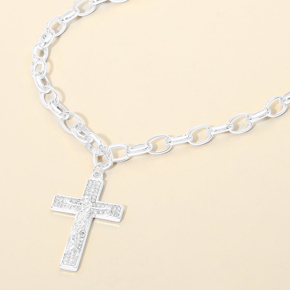 Madeline Love Silver Rhinestone Pave Jesus Christ Cross Pendant Chunk Chain Necklace - Necklaces