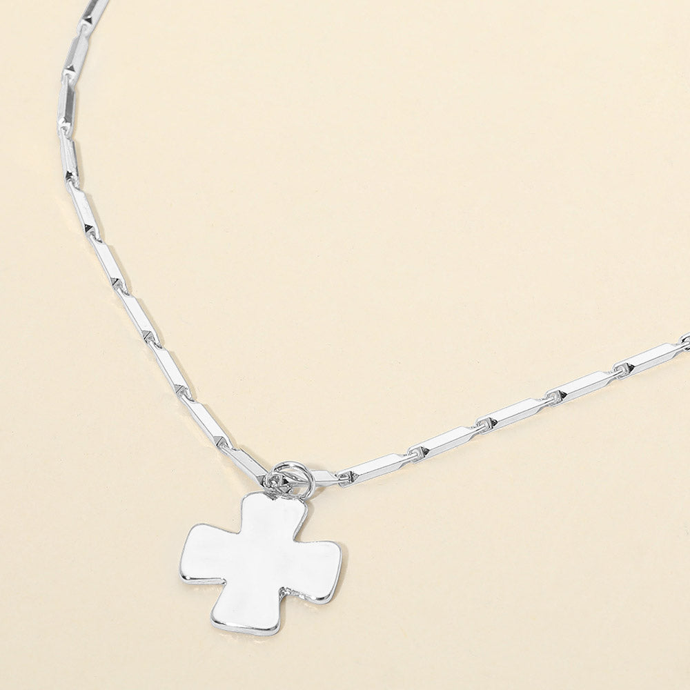 Madeline Love Rhodium Hammered Metal Cross Pendant Bar Link Chain Necklace - Necklaces