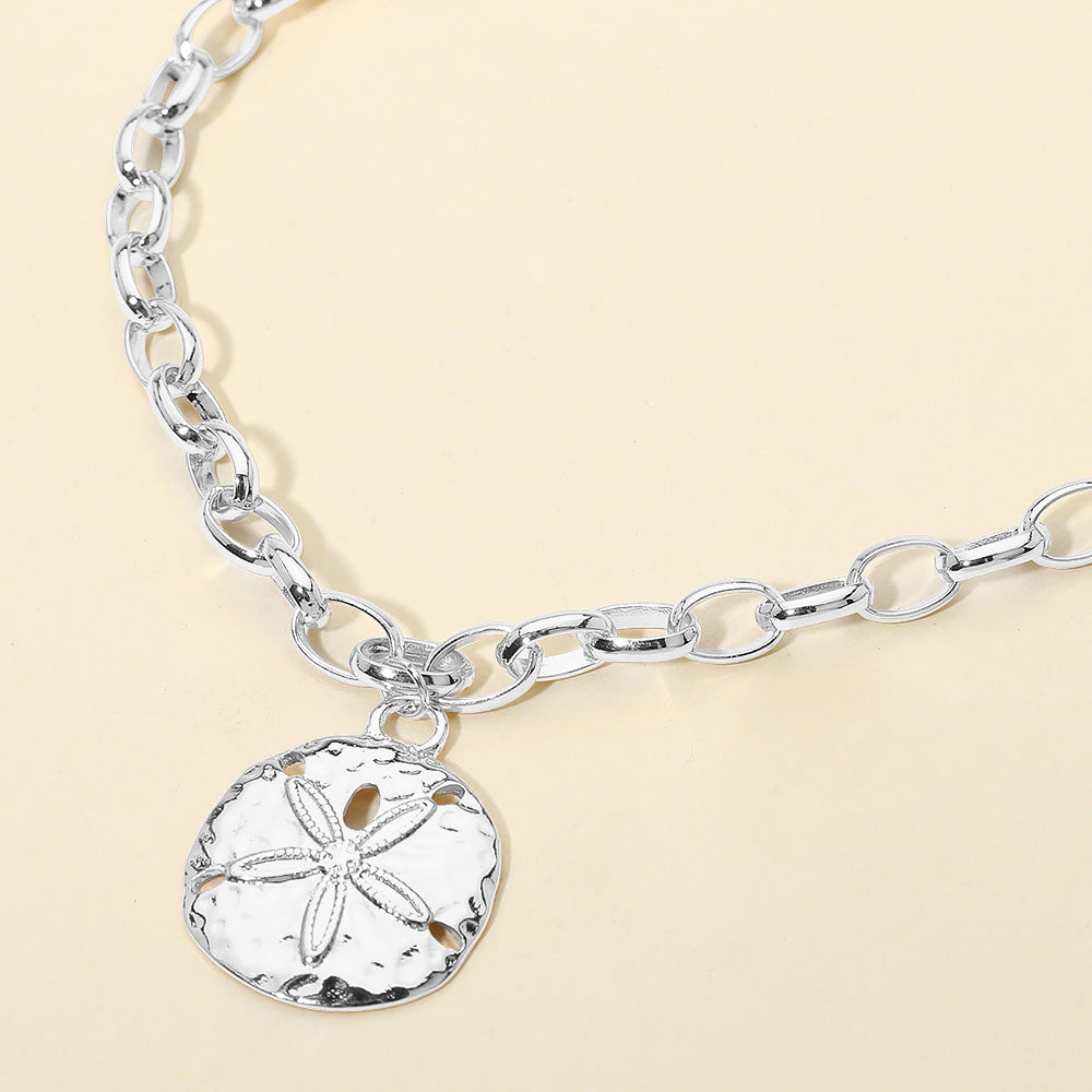 Madeline Love Rhodium Hammered Metal Sand Dollar Pendant Chunky Chain Necklace - Necklaces
