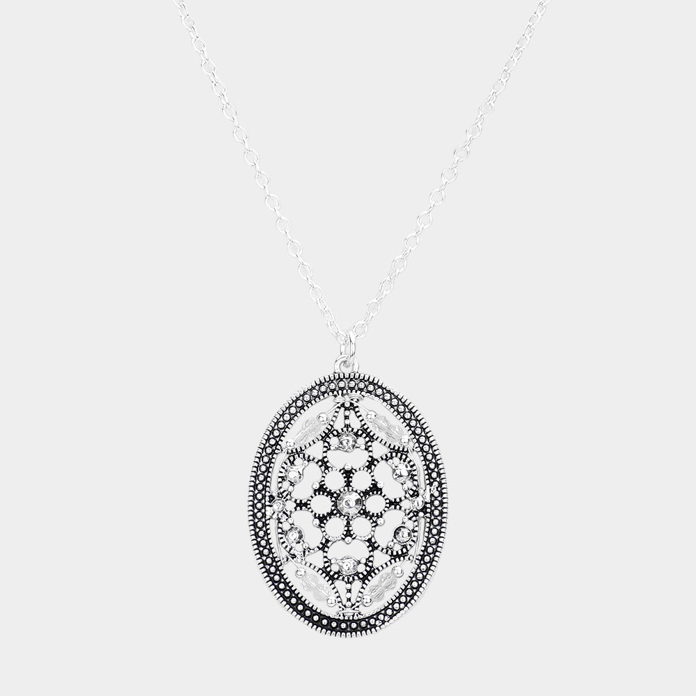Madeline Love Antique Silver Bead Embellished Antique Metal Oval Pendant Necklace - Necklaces