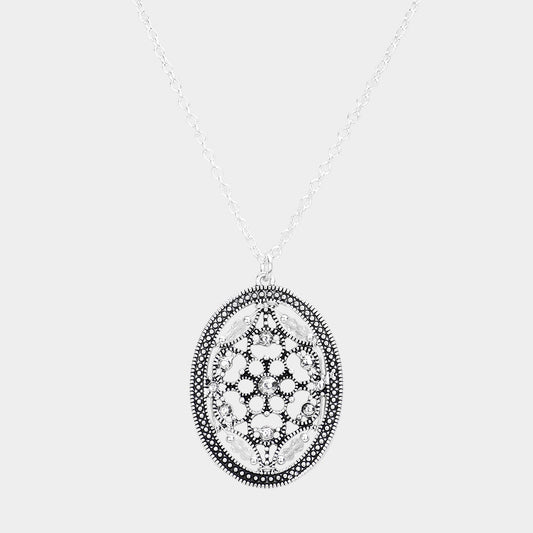 Madeline Love Antique Silver Bead Embellished Antique Metal Oval Pendant Necklace - Necklaces