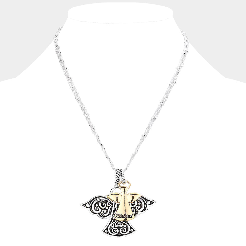 Madeline Love Two Tone Blessed Antique Metal Angel Pendant Necklace - Necklaces