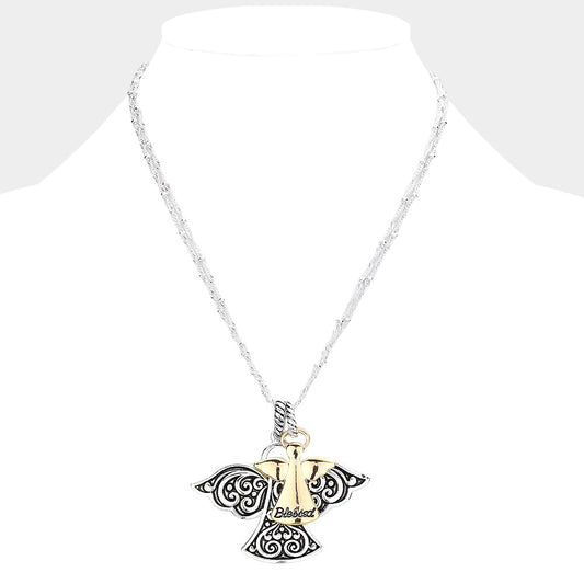 Madeline Love Two Tone Blessed Antique Metal Angel Pendant Necklace - Necklaces