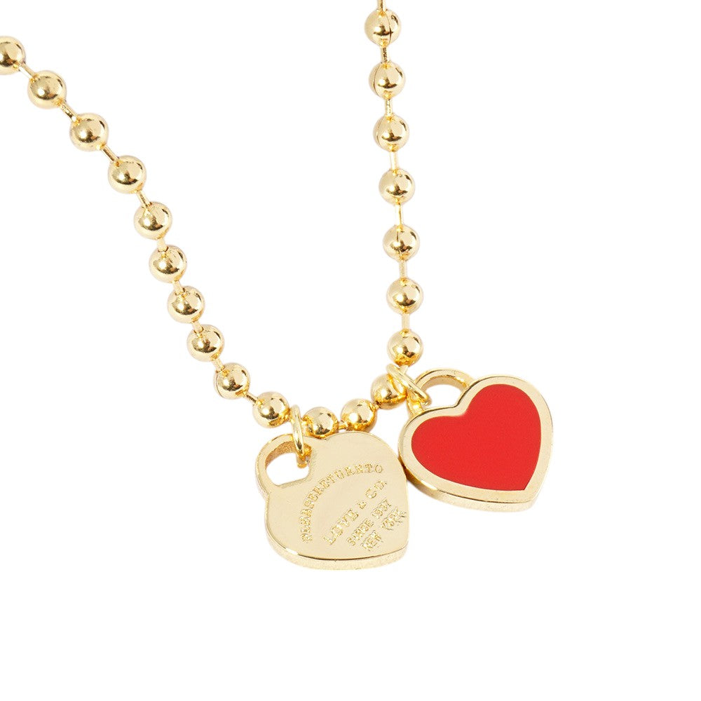 Gold Dipped Double Heart Pendant Bubble Chain Necklace - Gold Red - Necklaces