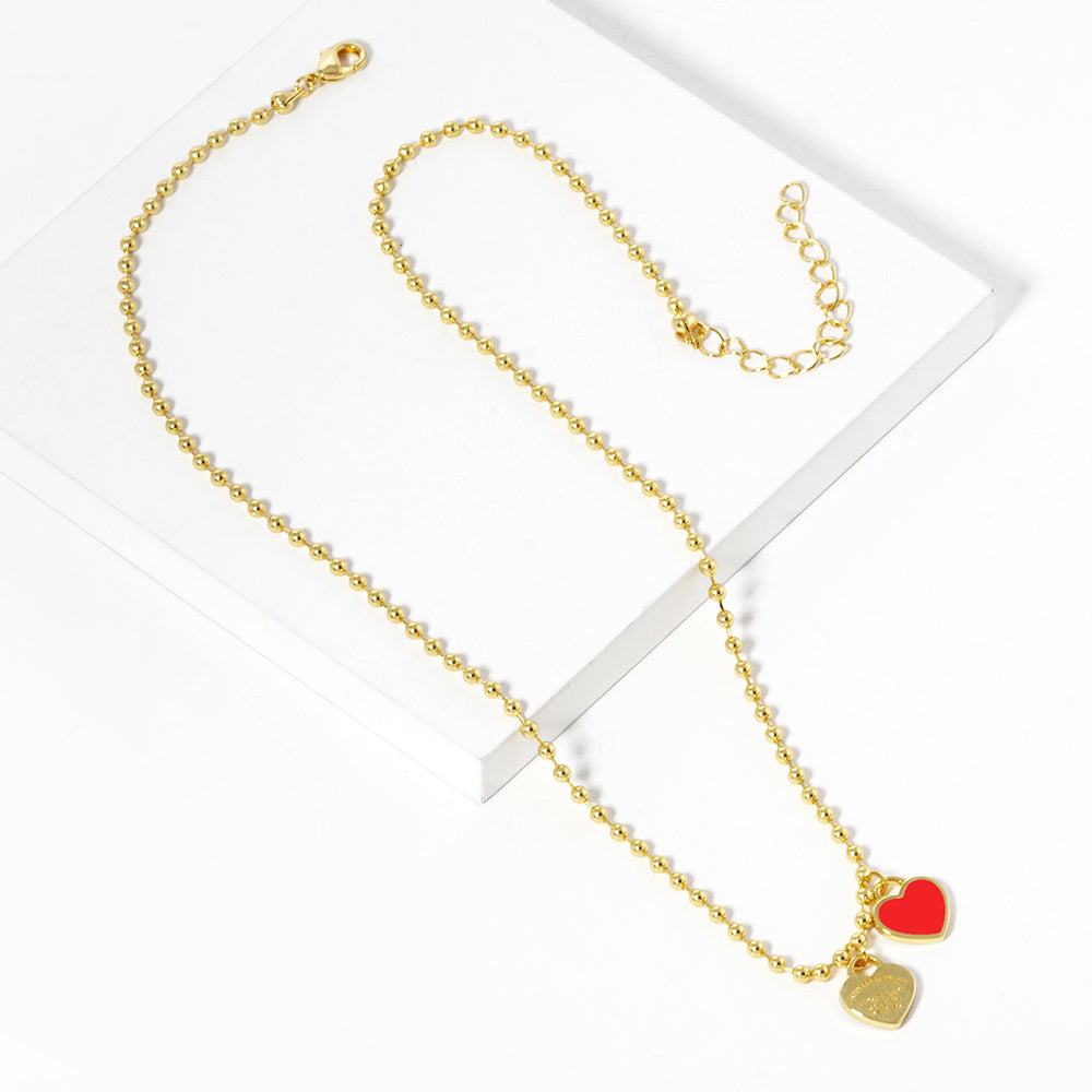 Gold Dipped Double Heart Pendant Bubble Chain Necklace - Necklaces