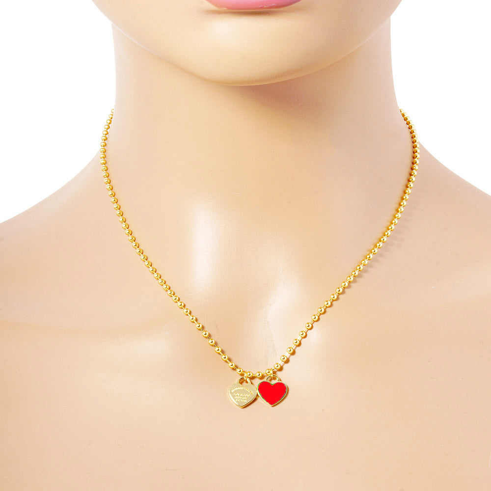 Gold Dipped Double Heart Pendant Bubble Chain Necklace - Necklaces
