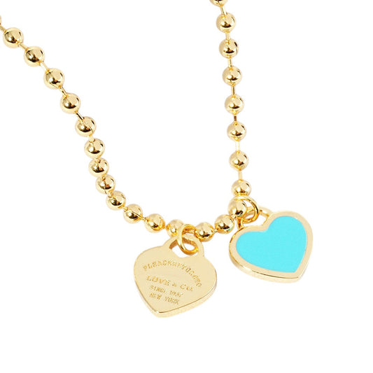 Gold Dipped Double Heart Pendant Bubble Chain Necklace - Gold Turquoise - Necklaces