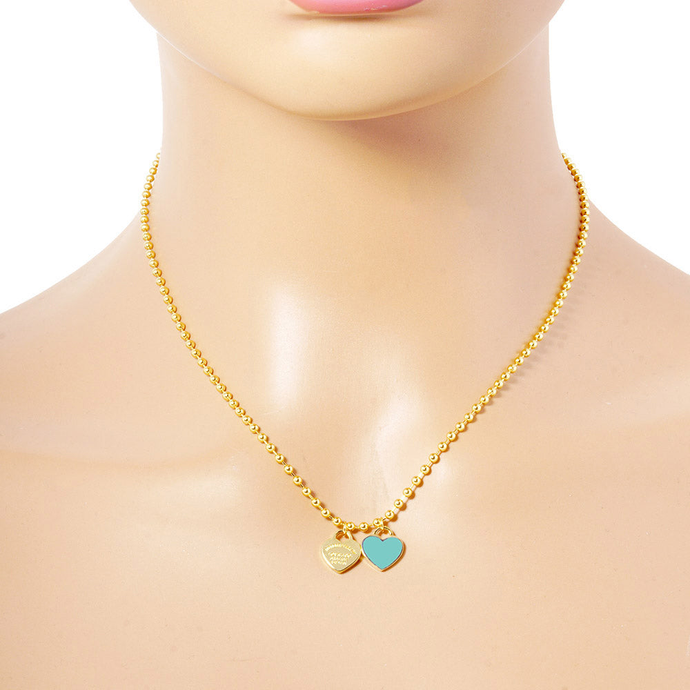 Gold Dipped Double Heart Pendant Bubble Chain Necklace - Necklaces