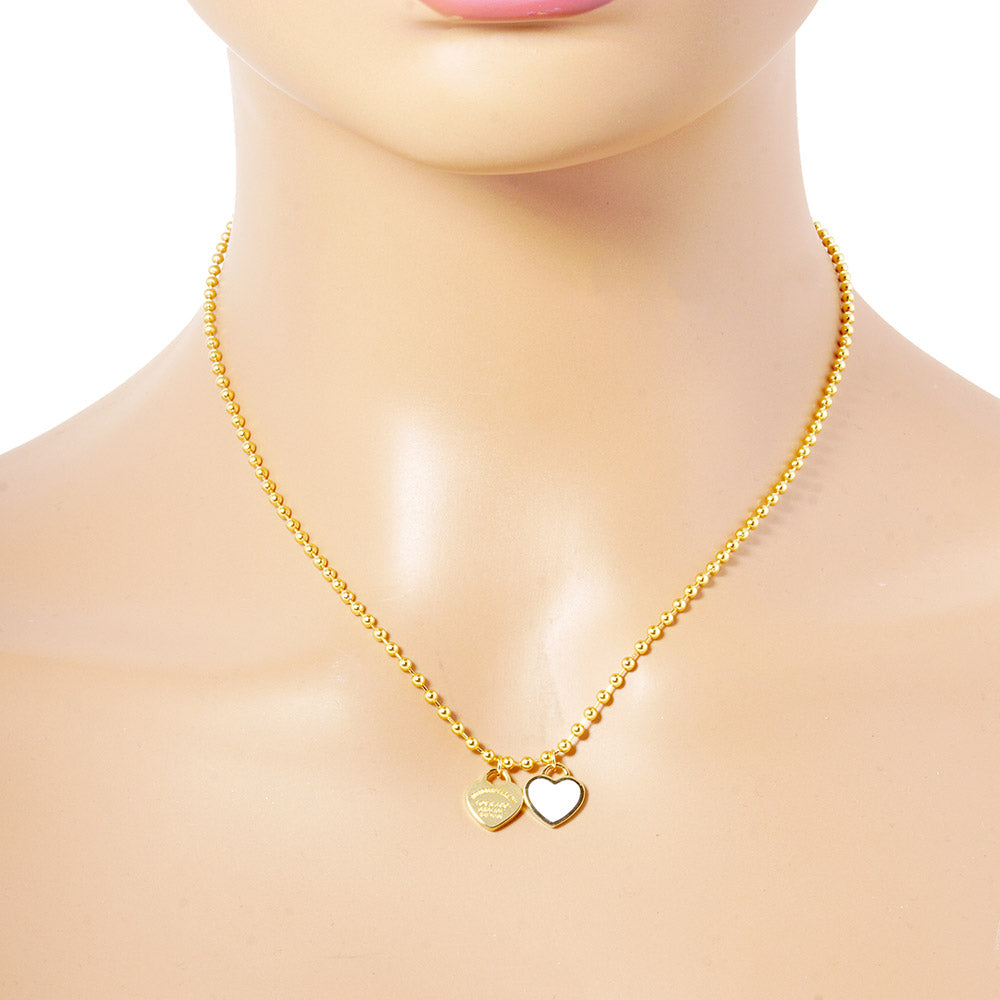Gold Dipped Double Heart Pendant Bubble Chain Necklace - Necklaces
