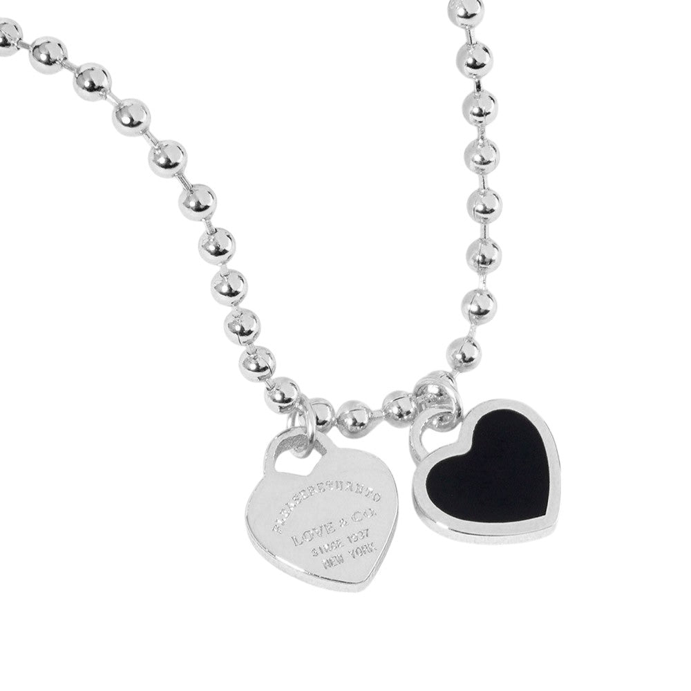 Gold Dipped Double Heart Pendant Bubble Chain Necklace - Black Rhodium - Necklaces