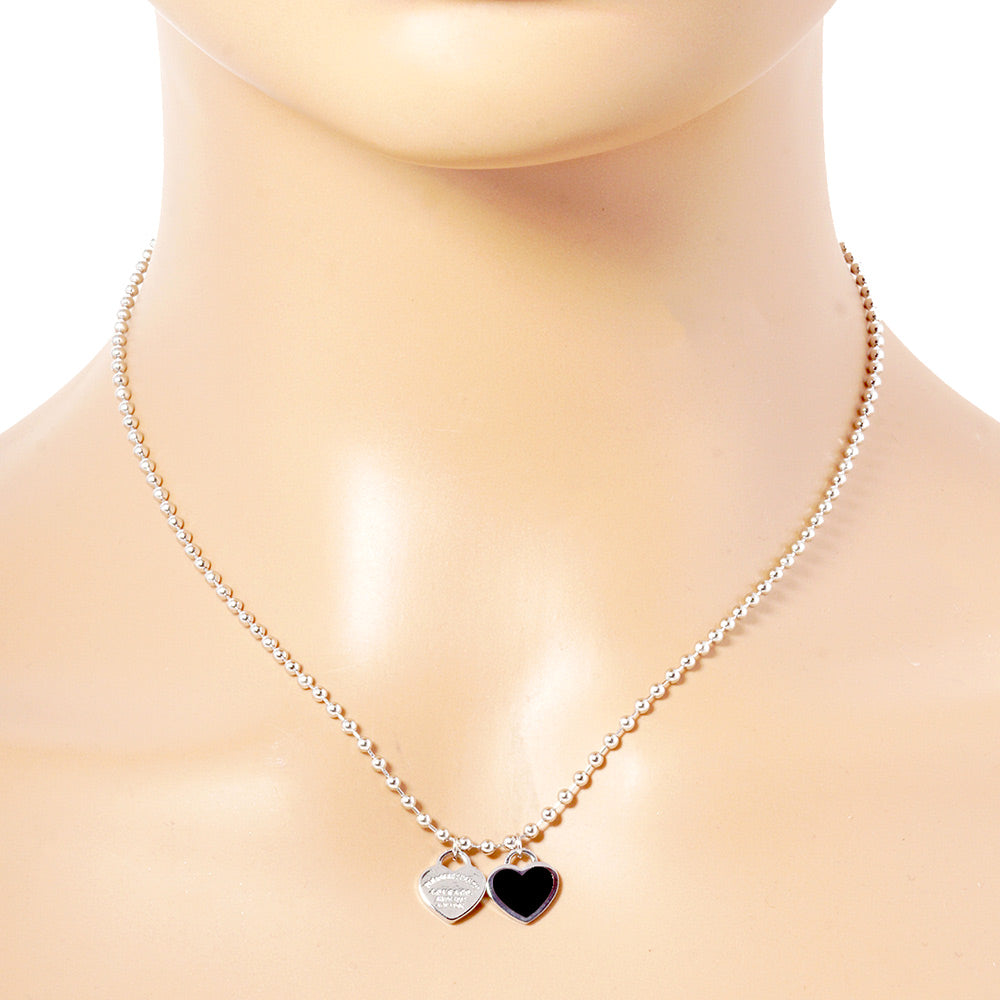 Gold Dipped Double Heart Pendant Bubble Chain Necklace - Necklaces