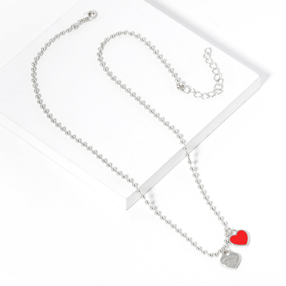 Gold Dipped Double Heart Pendant Bubble Chain Necklace - Necklaces