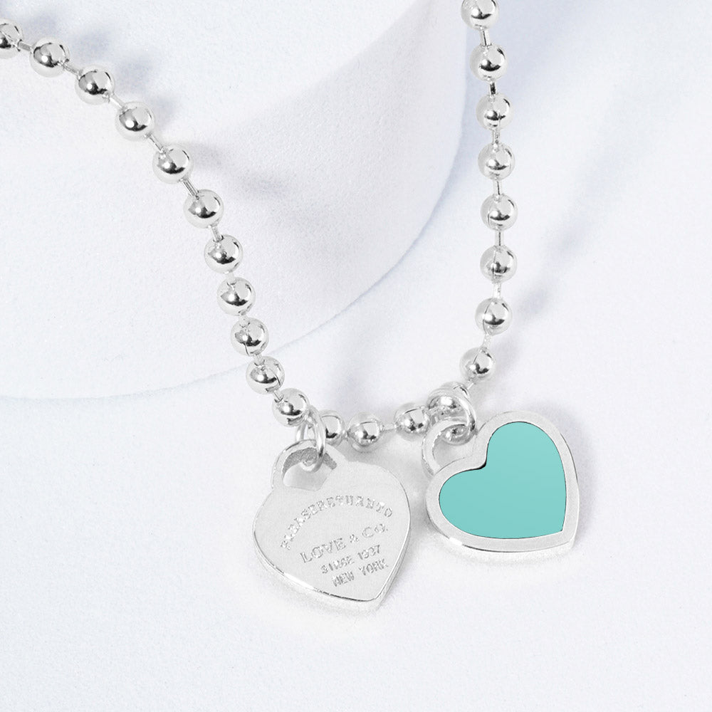 Gold Dipped Double Heart Pendant Bubble Chain Necklace - Necklaces