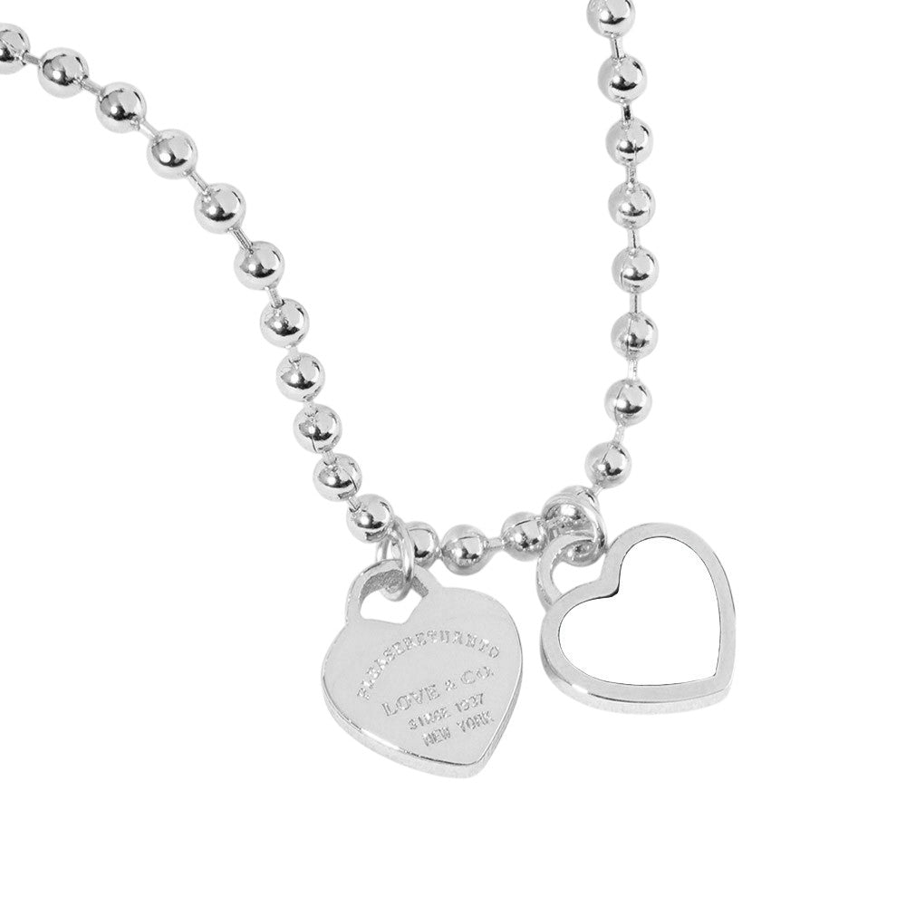 Gold Dipped Double Heart Pendant Bubble Chain Necklace - Rhodium White - Necklaces