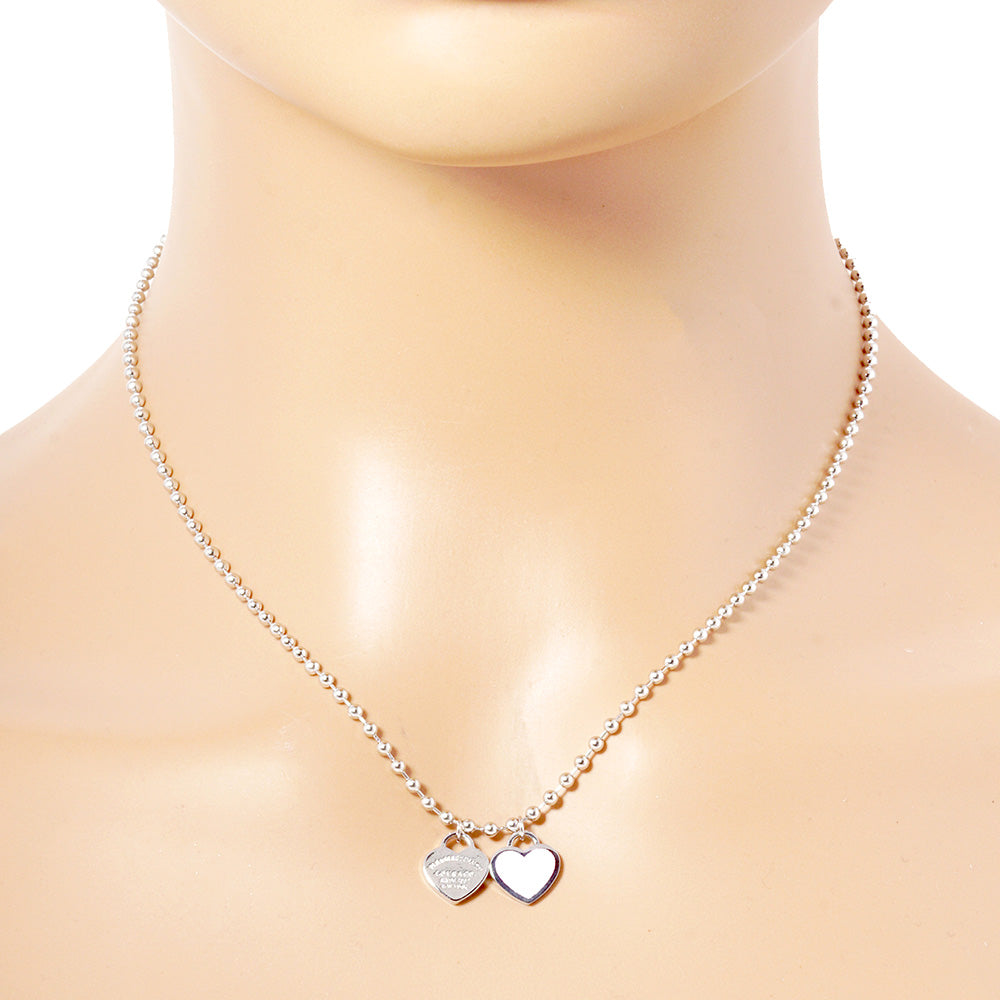 Gold Dipped Double Heart Pendant Bubble Chain Necklace - Necklaces
