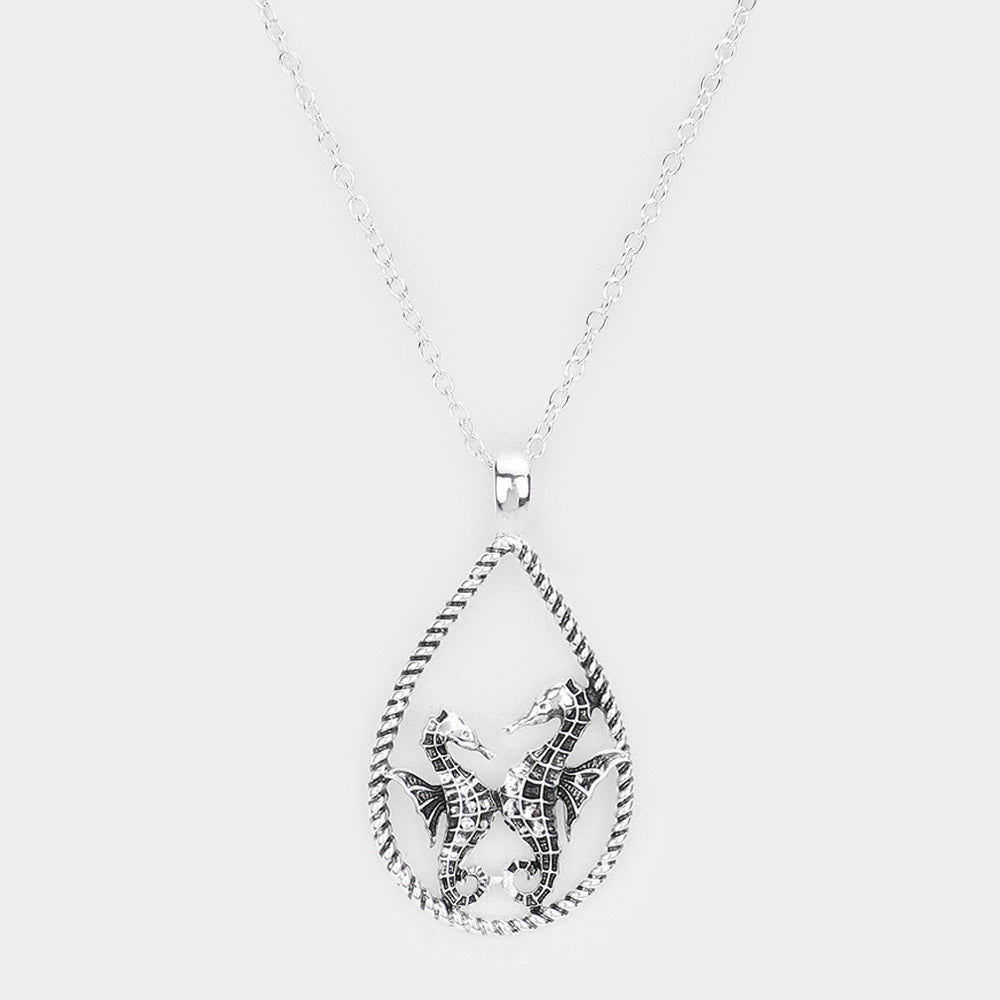Madeline Love Antique Silver Seahorse Accented Open Teardrop Pendant Necklace - Necklaces