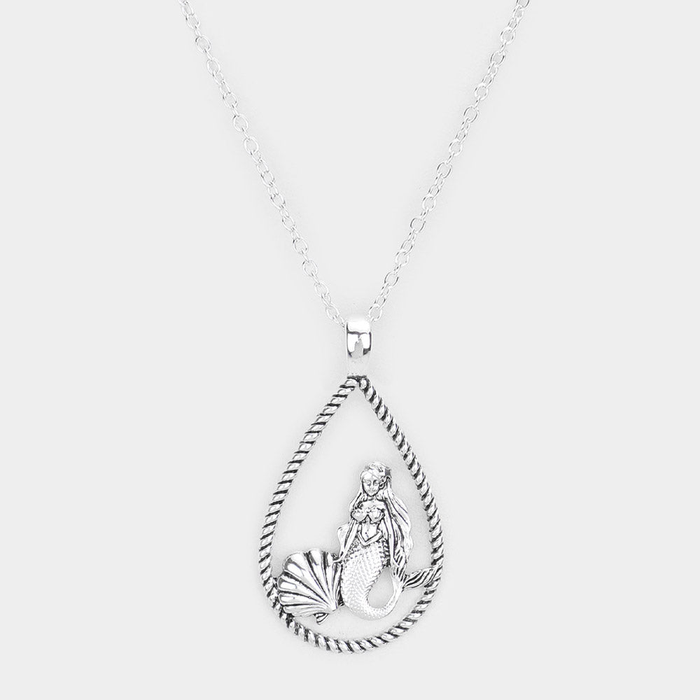 Madeline Love Antique Silver Mermaid Shell Accented Open Teardrop Pendant Necklace - Necklaces