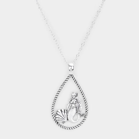 Madeline Love Antique Silver Mermaid Shell Accented Open Teardrop Pendant Necklace - Necklaces