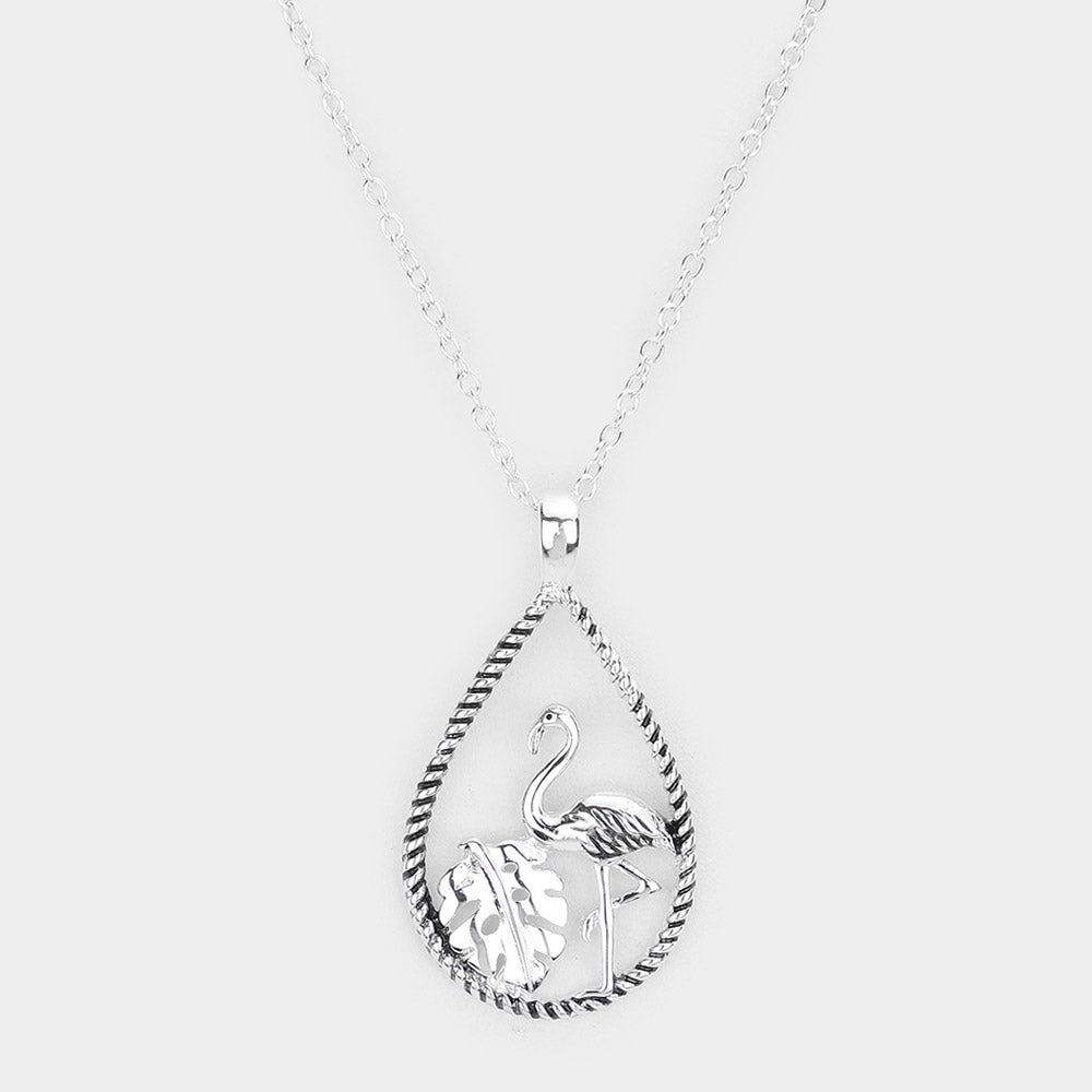 Madeline Love Antique Silver Flamingo Tropical Leaf Accented Open Teardrop Pendant Necklace - Necklaces