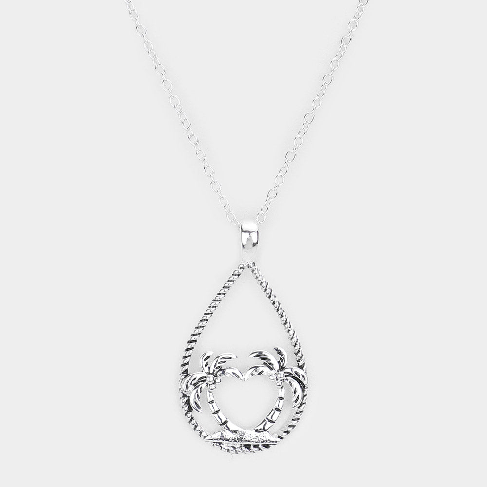 Madeline Love Antique Silver Palm Tree Accented Open Teardrop Pendant Necklace - Necklaces