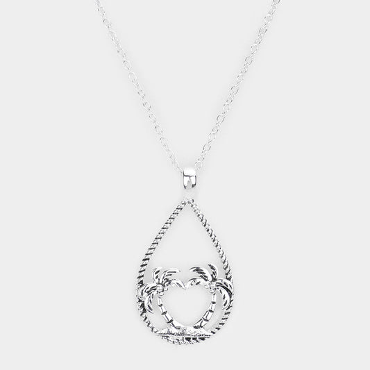 Madeline Love Antique Silver Palm Tree Accented Open Teardrop Pendant Necklace - Necklaces