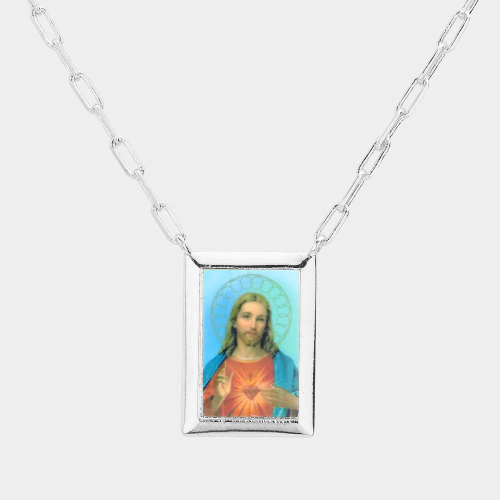 Madeline Love Rhodium White Gold Dipped Brass Metal Sacred Heart of Jesus Pendant Necklace - Necklaces