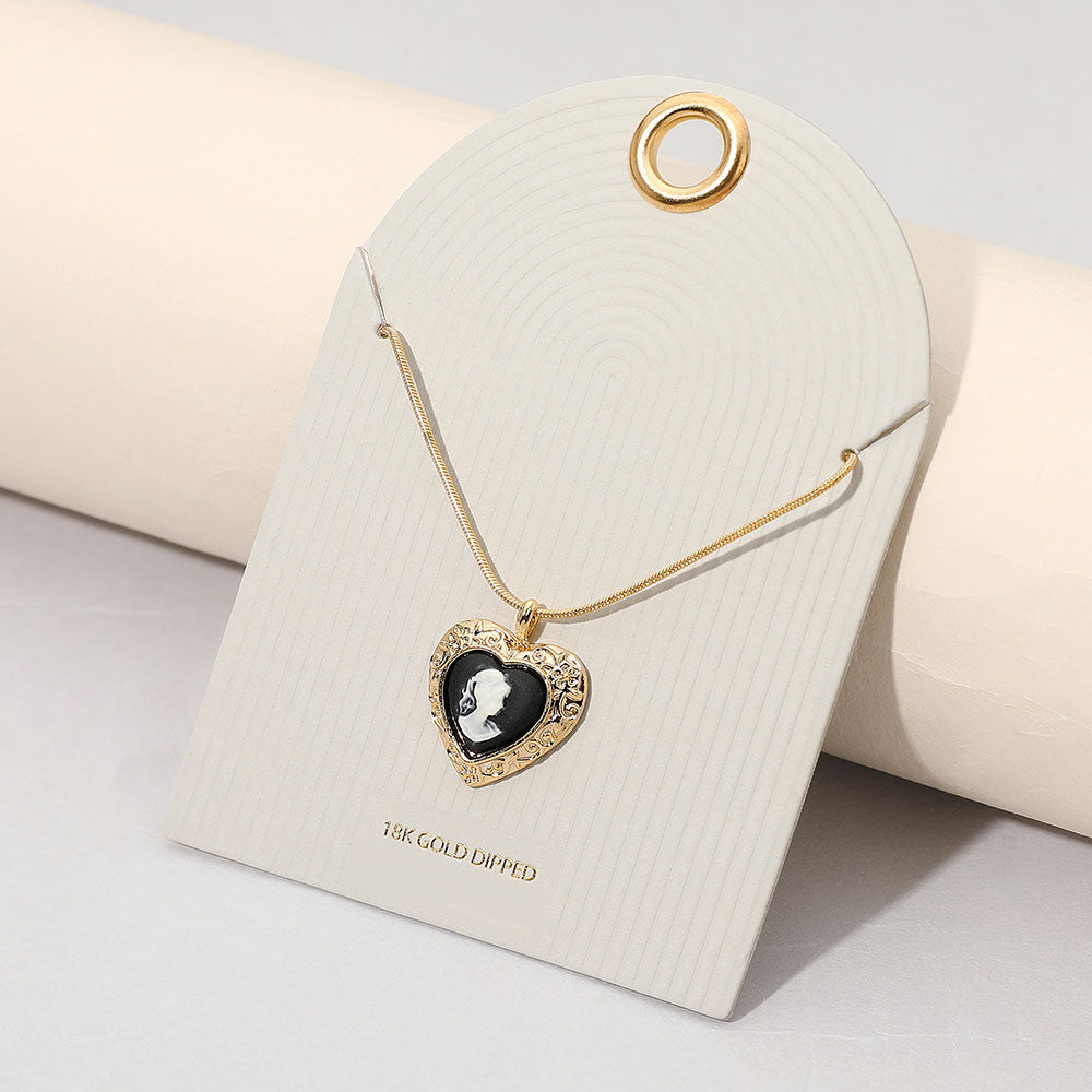 Madeline Love Black, Gold 18K Gold Dipped Vintage Cameo Heart Pendant Necklace - Jewelry
