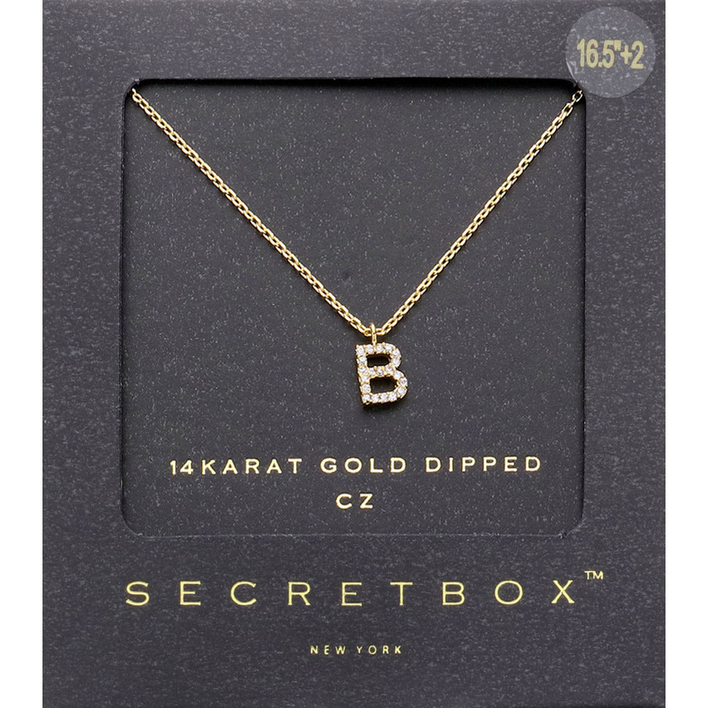Madeline Love ~B~, Gold -B- Secret Box _ 14K Gold Dipped CZ Initial Monogram Pendant Necklace - Jewelry