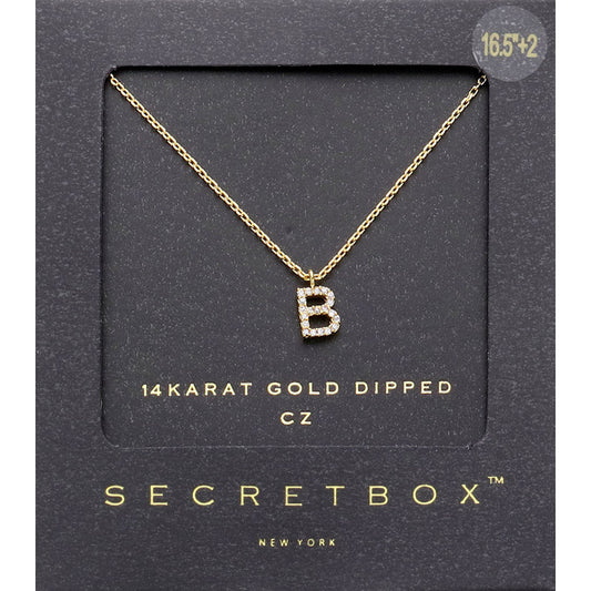 Madeline Love ~B~, Gold -B- Secret Box _ 14K Gold Dipped CZ Initial Monogram Pendant Necklace - Jewelry