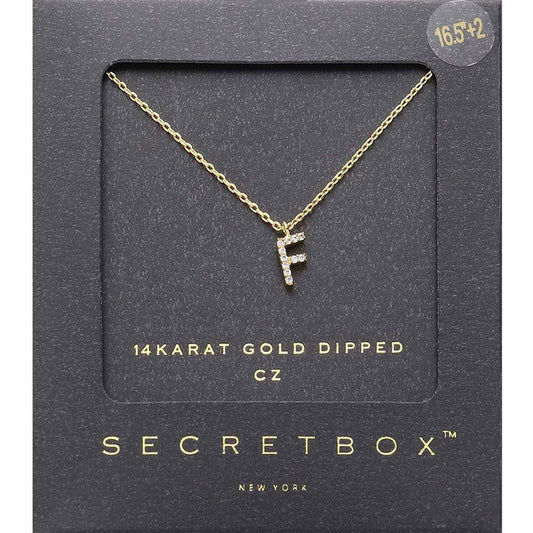 Madeline Love ~F~, Gold -F- Secret Box _ 14K Gold Dipped CZ Initial Monogram Pendant Necklace - Jewelry