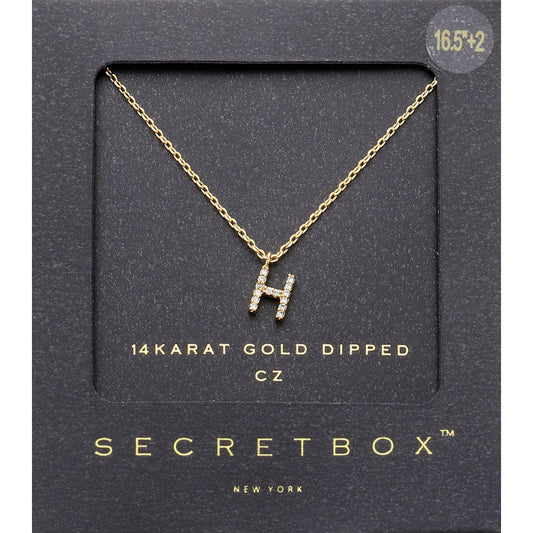 Madeline Love ~H~, Gold -H- Secret Box _ 14K Gold Dipped CZ Initial Monogram Pendant Necklace - Jewelry