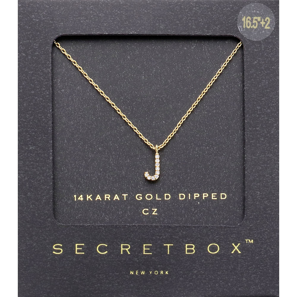 Madeline Love ~J~, Gold -J- Secret Box _ 14K Gold Dipped CZ Initial Monogram Pendant Necklace - Jewelry