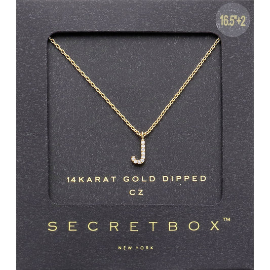 Madeline Love ~J~, Gold -J- Secret Box _ 14K Gold Dipped CZ Initial Monogram Pendant Necklace - Jewelry