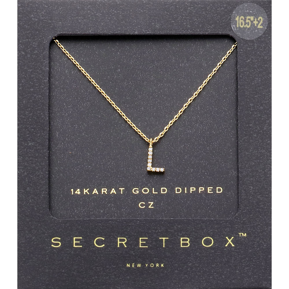 Madeline Love ~L~, Gold -L- Secret Box _ 14K Gold Dipped CZ Initial Monogram Pendant Necklace - Jewelry