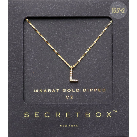 Madeline Love ~L~, Gold -L- Secret Box _ 14K Gold Dipped CZ Initial Monogram Pendant Necklace - Jewelry