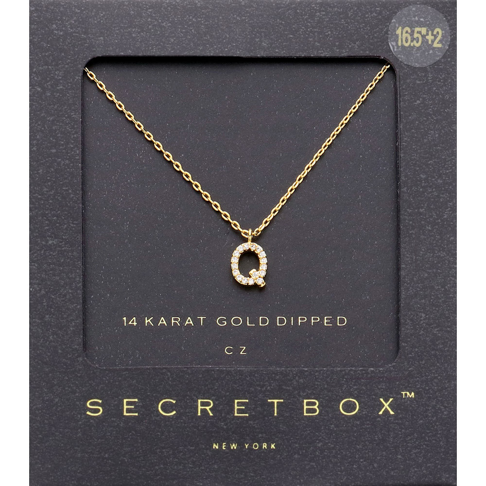 Madeline Love ~Q~, Gold -Q- Secret Box _ 14K Gold Dipped CZ Initial Monogram Pendant Necklace - Jewelry