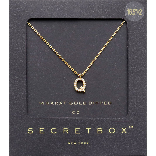 Madeline Love ~Q~, Gold -Q- Secret Box _ 14K Gold Dipped CZ Initial Monogram Pendant Necklace - Jewelry