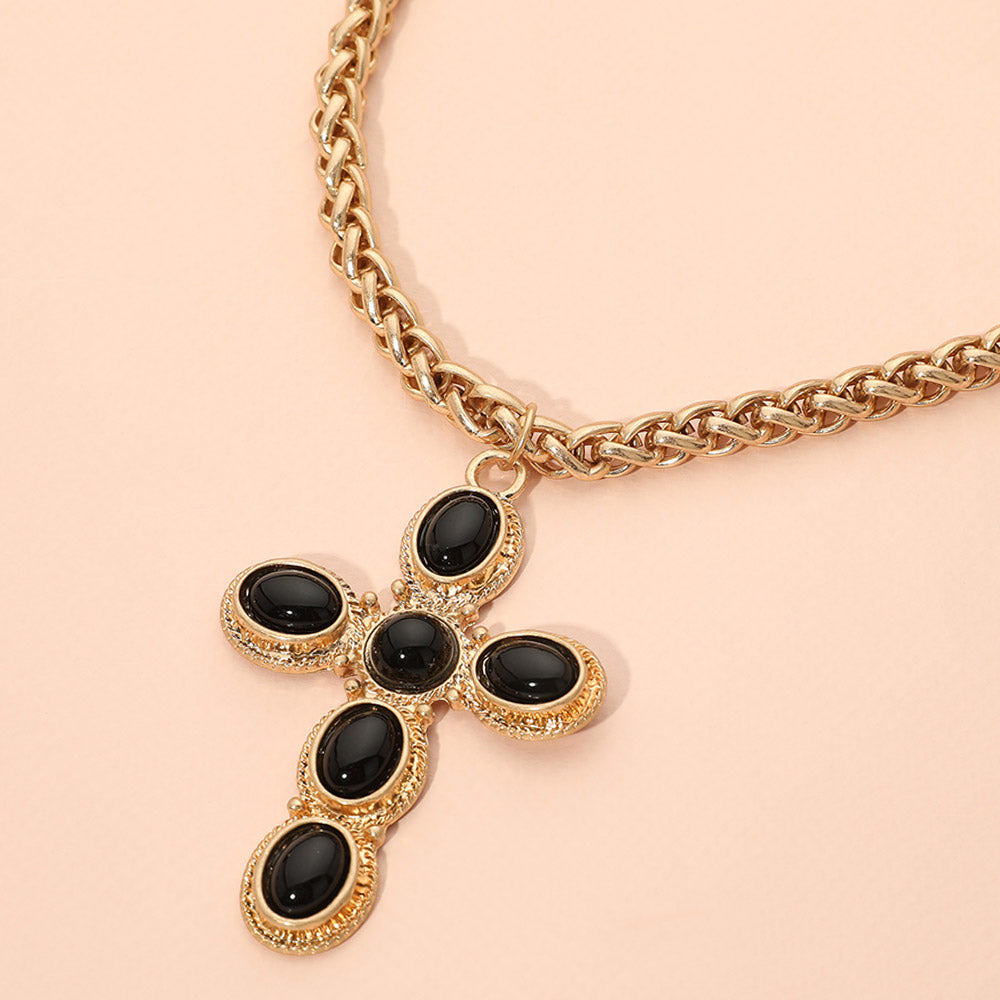 Madeline Love Black, Worn Gold Bold Geometric Oval Stone Cross Charm Chunky Rope Chain Necklace
