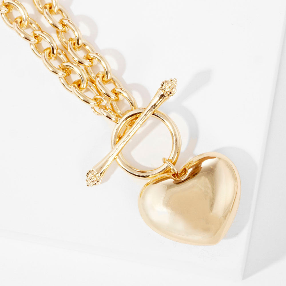 Gold Dipped Brass Metal Heart Pendant Toggle Necklace