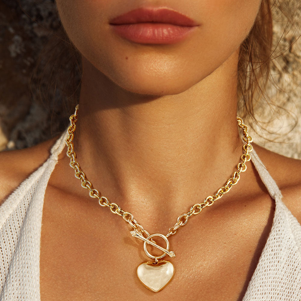 Gold Dipped Brass Metal Heart Pendant Toggle Necklace - Gold - Necklaces