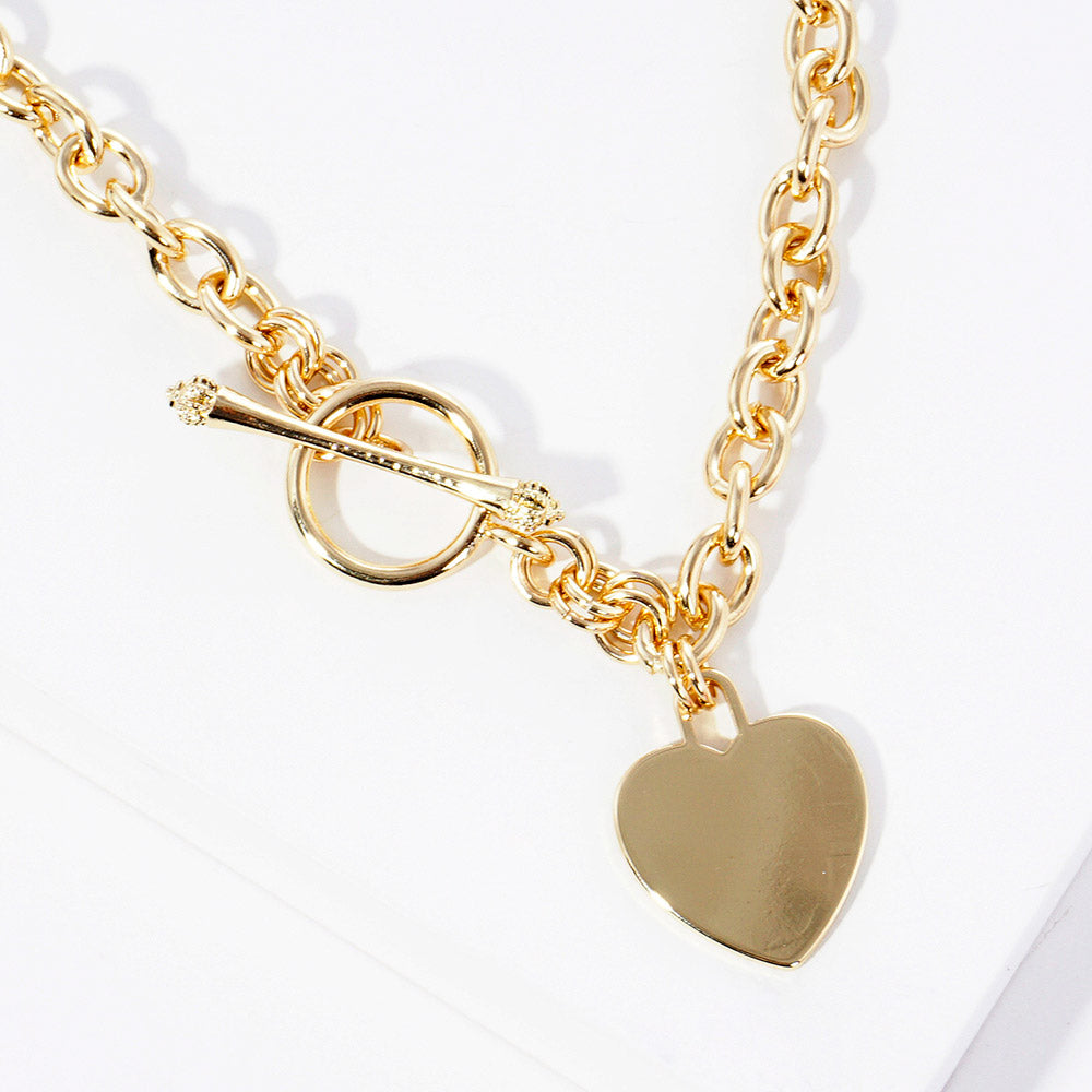 Gold Dipped Brass Metal Heart Lock Pendant Toggle Necklace