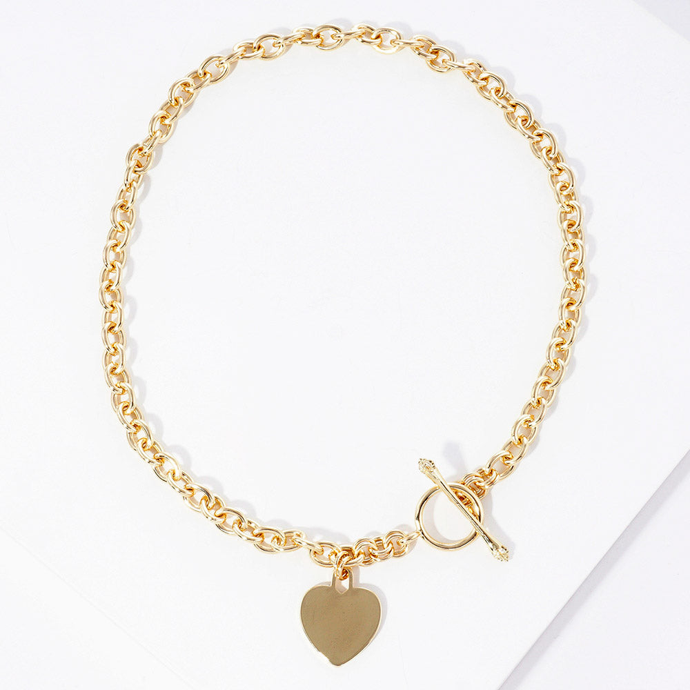 Gold Dipped Brass Metal Heart Lock Pendant Toggle Necklace