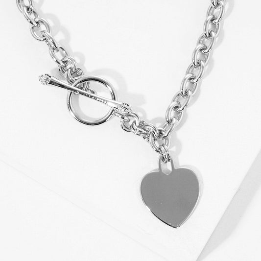 White Gold Dipped Brass Metal Heart Lock Pendant Toggle Necklace