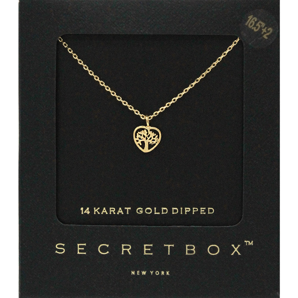 SECRET BOX_14K Gold Dipped Tree of Life Metal Heart Pendant Necklace