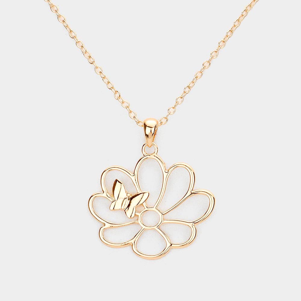 Madeline Love Gold Metal Cutout Flower Butterfly 
 Pendant Necklace - Jewelry