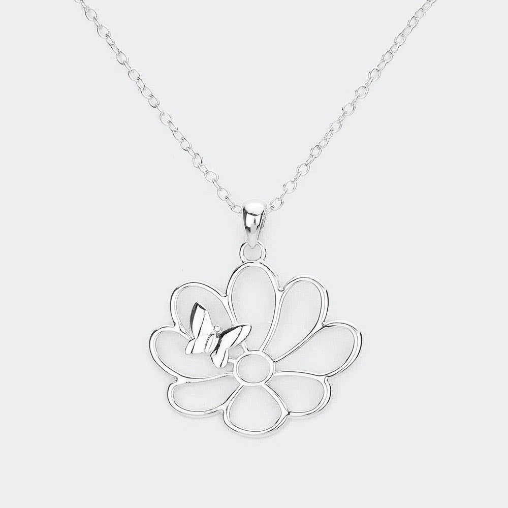 Madeline Love Silver Metal Cutout Flower Butterfly 
 Pendant Necklace - Jewelry