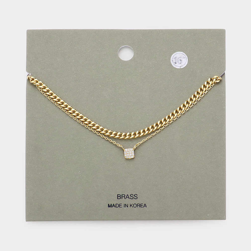 Madeline Love Gold Stone Paved Square Pendant Double Layered Necklace - Necklaces