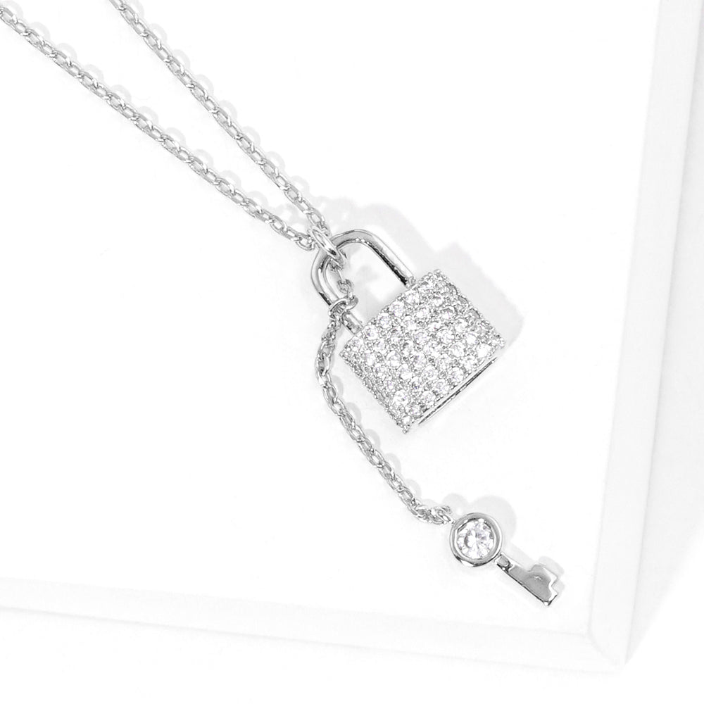 Madeline Love Clear, Rhodium White Gold Dipped Rhinestone Key Lock Pendant Necklace - Necklaces