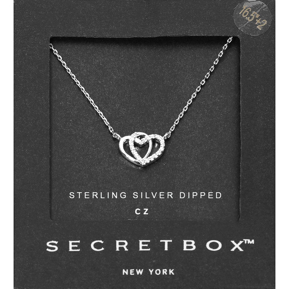 Madeline Love Silver SECRET BOX_Sterling Silver Dipped CZ Stone Paved Double Heart Pendant Necklace - Jewelry